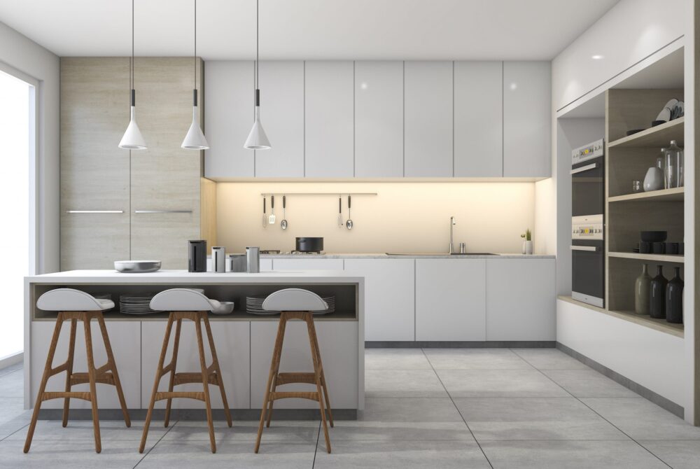 3d rendering white modern design kitchen with lamp